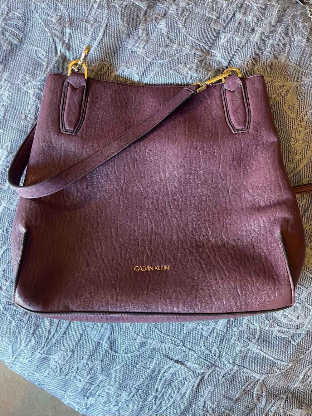 Calvin Klein Deep Plum Leather Shoulder Tote with Gold Accents